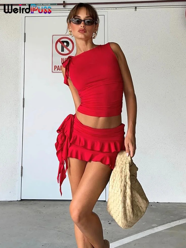 Weird Puss Women 2Piece Set Double-Deck Pleated Tassel Mini SkirtBandage Slim Tank Top Festival Party Sexy Matching Outfits 260317
