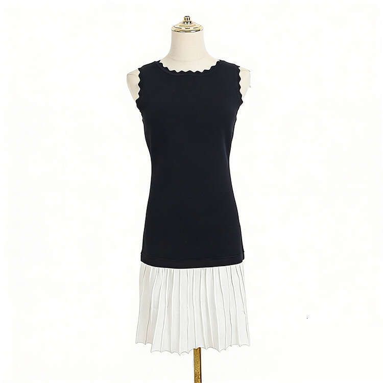 2026 summer designer black and white color blocked sleeveless knitted k30 small fragrance contrasting color slim fit A-line sk mid length skirt