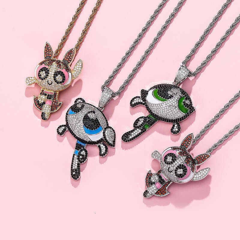 Jewelry Anime Cartoon Powerpuff Girls Style Pendant Colorful Moissanite Hip Hop Personality Necklace Jewelry