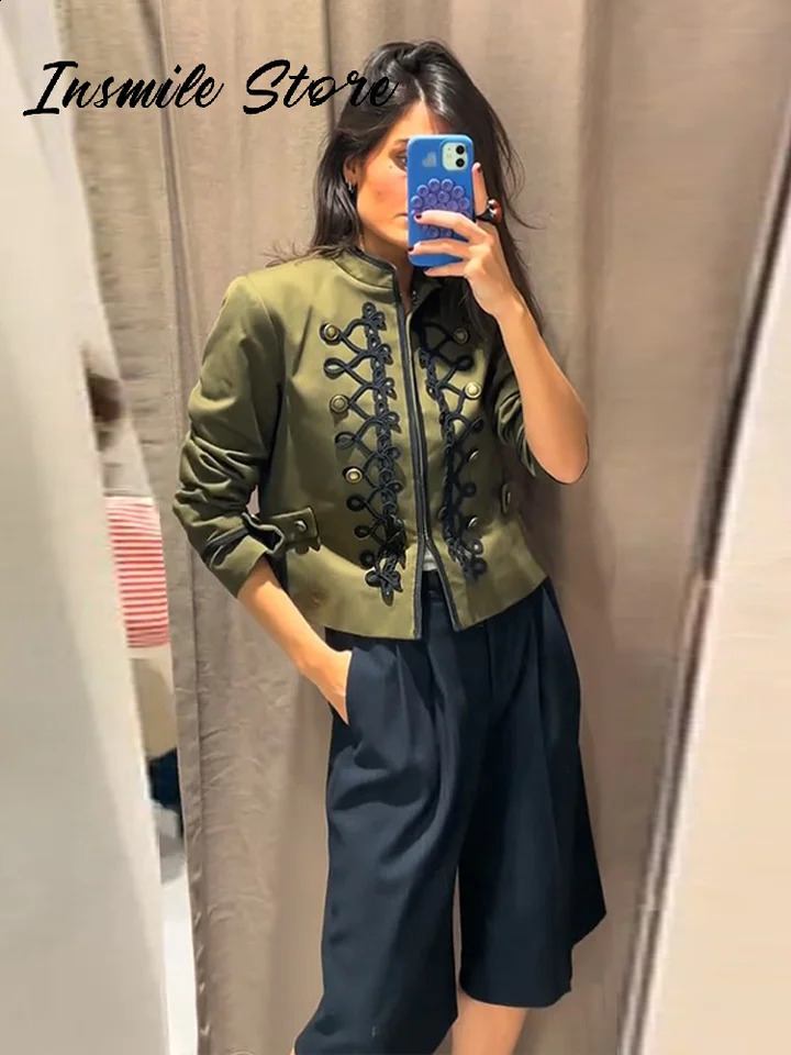 Vintage Napoleon Military Jacket Women Stand Collar Braided Frog Closure Cropped Coat 2026 Spring Fashion Street Outerwear 260321