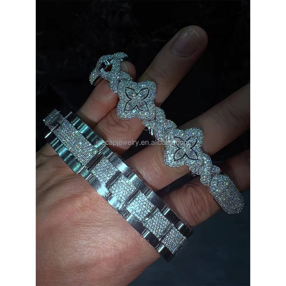 Colorful Marquise Eye Moissanite Four Leaf Clover 925 Silver Cuban Chain Bracelet for Men Women Charm Jewelry Bangles