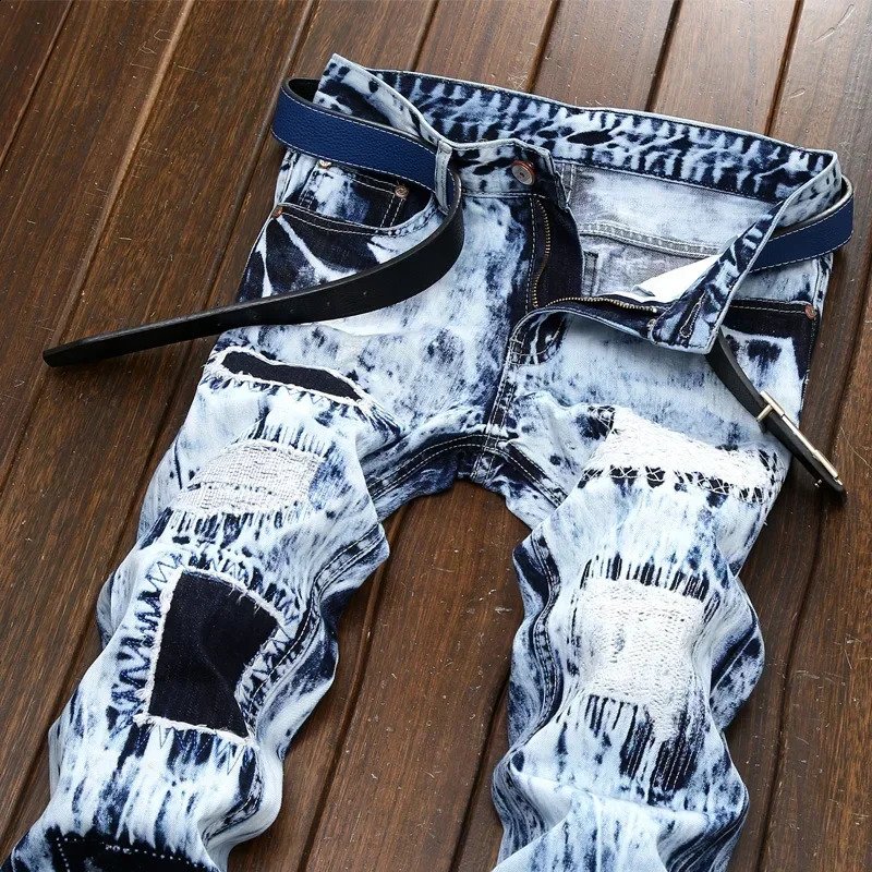 Mens Embroidered Patchwork Ripped Jeans without Belt Slim Fashion High Street Motorcycle Denim Pants Male ner Clothes 260618CJ - view 4