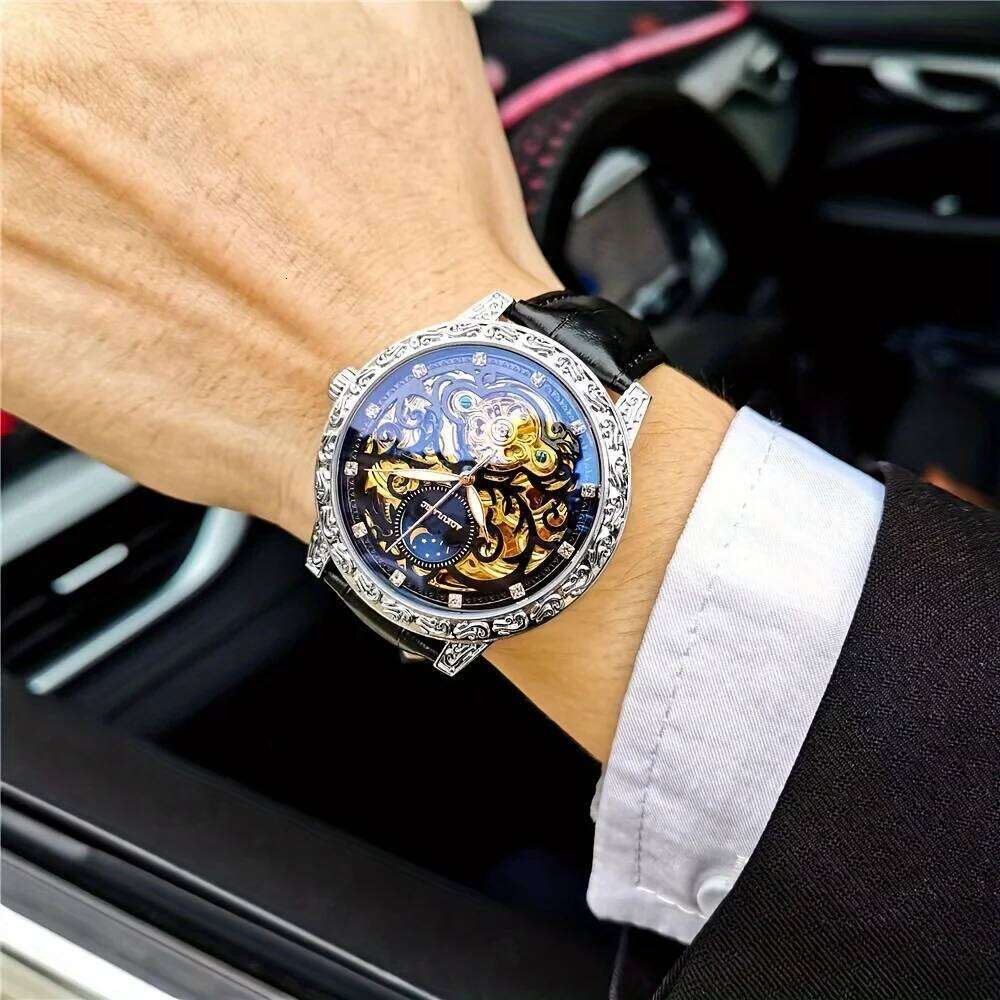 Cool, Popular, Best-Selling Men, Mechanical Watch with Hollow Design, Fashionable, Business Casual, Stylish, High-End, Light Luxury, Engraved Brand-Na