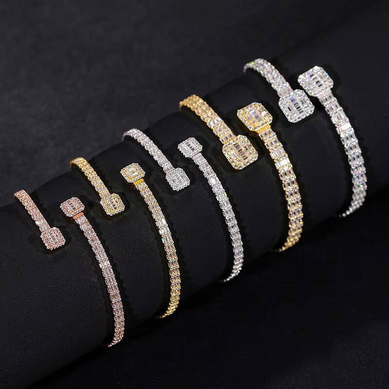Drop Shipping Hip Hop Jewelry Gold Plated 925 Sterling Silver VVS Baguette Diamond Iced Out Love Cuff Bangle Bracelet for Women
