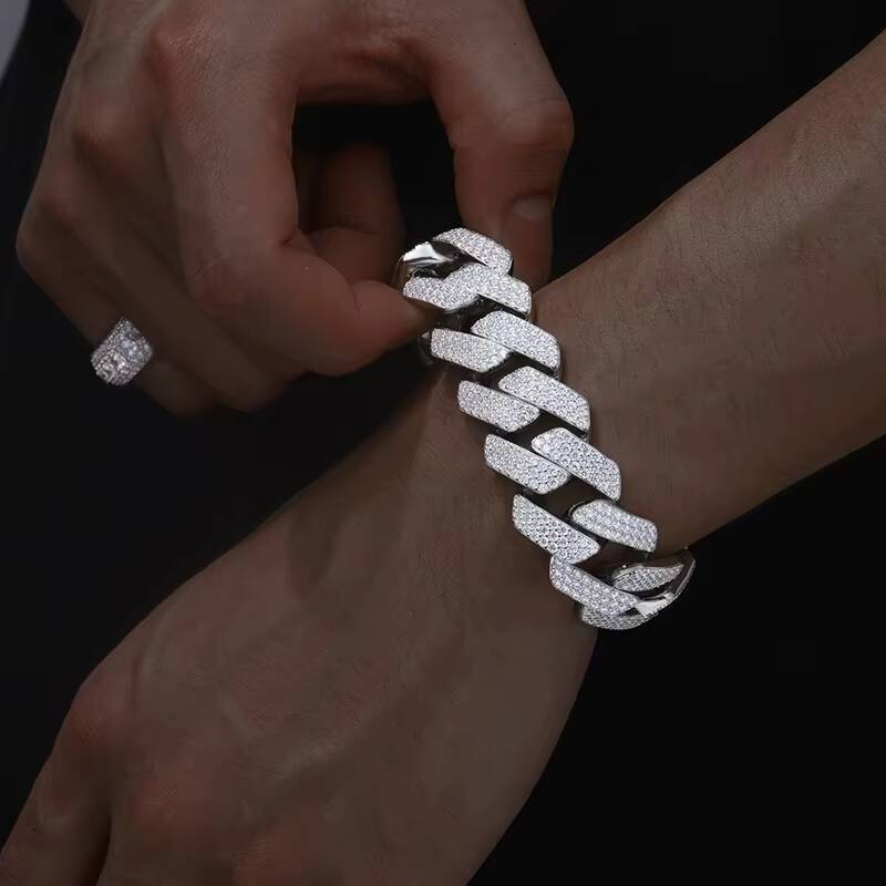 Fully Iced Out Moissanite Cuban Hip Hop Chain Bracelet For Men 23mm Solid 925 Sterling Silver Unisex Jewelry Gift