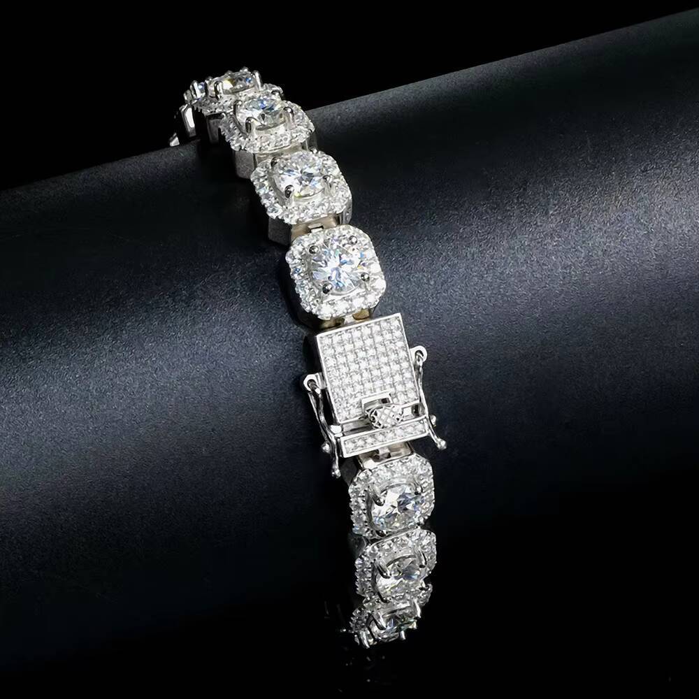 Hip Hop Gold Plated 925 Silver Tennis Chain Bracelet with Moissanite Square Rock Geometric Buckle and Cluster Statement Bangles