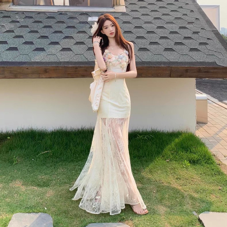 French Style Heavy Floral Lace Mesh Patchwork Strap Dress For Women Summer Beach Designer Dress Vacation Elegant Mermaid Long Dress