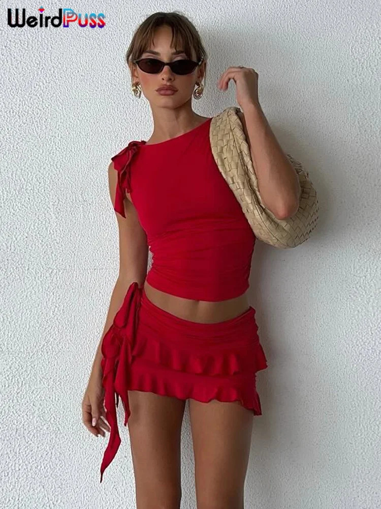 Weird Puss Women 2Piece Set Double-Deck Pleated Tassel Mini SkirtBandage Slim Tank Top Festival Party Sexy Matching Outfits 260317