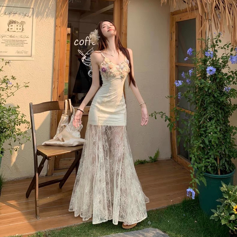 French Style Heavy Floral Lace Mesh Patchwork Strap Dress For Women Summer Beach Designer Dress Vacation Elegant Mermaid Long Dress