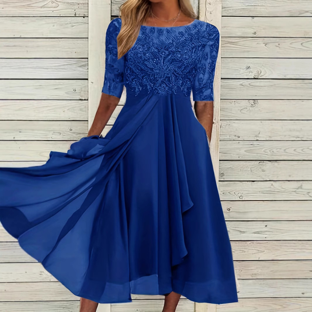 European And American Spring/summer Chiffon Dress With Sweet Lace Splicing And Hollow-out Design Long Dress For Bridesmaids Evening Designer Dress Gown For Women