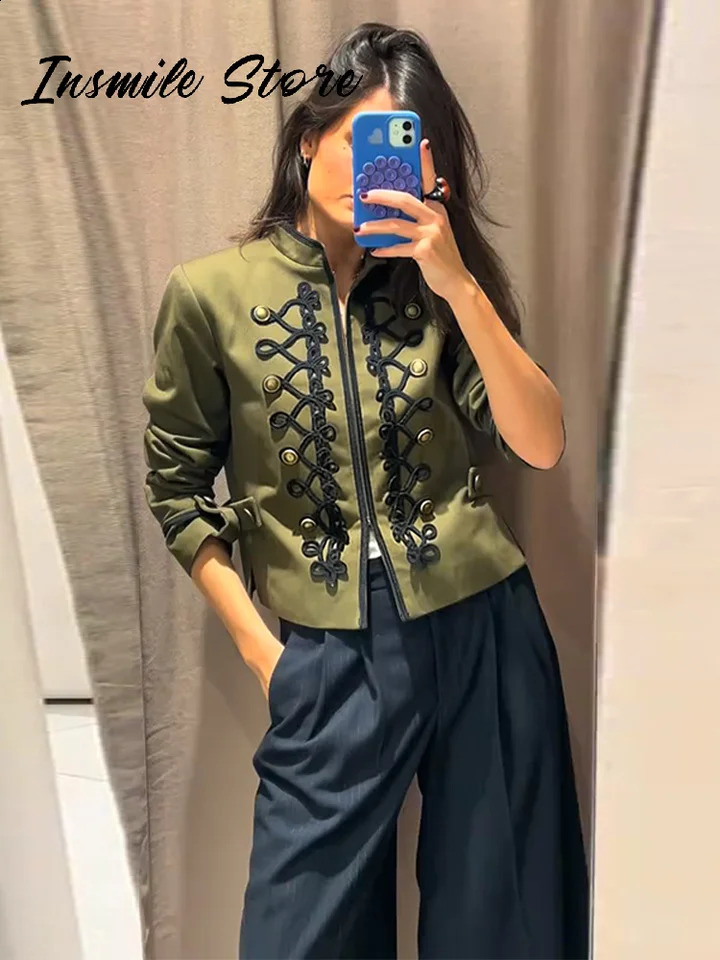 Vintage Napoleon Military Jacket Women Stand Collar Braided Frog Closure Cropped Coat 2026 Spring Fashion Street Outerwear 260321