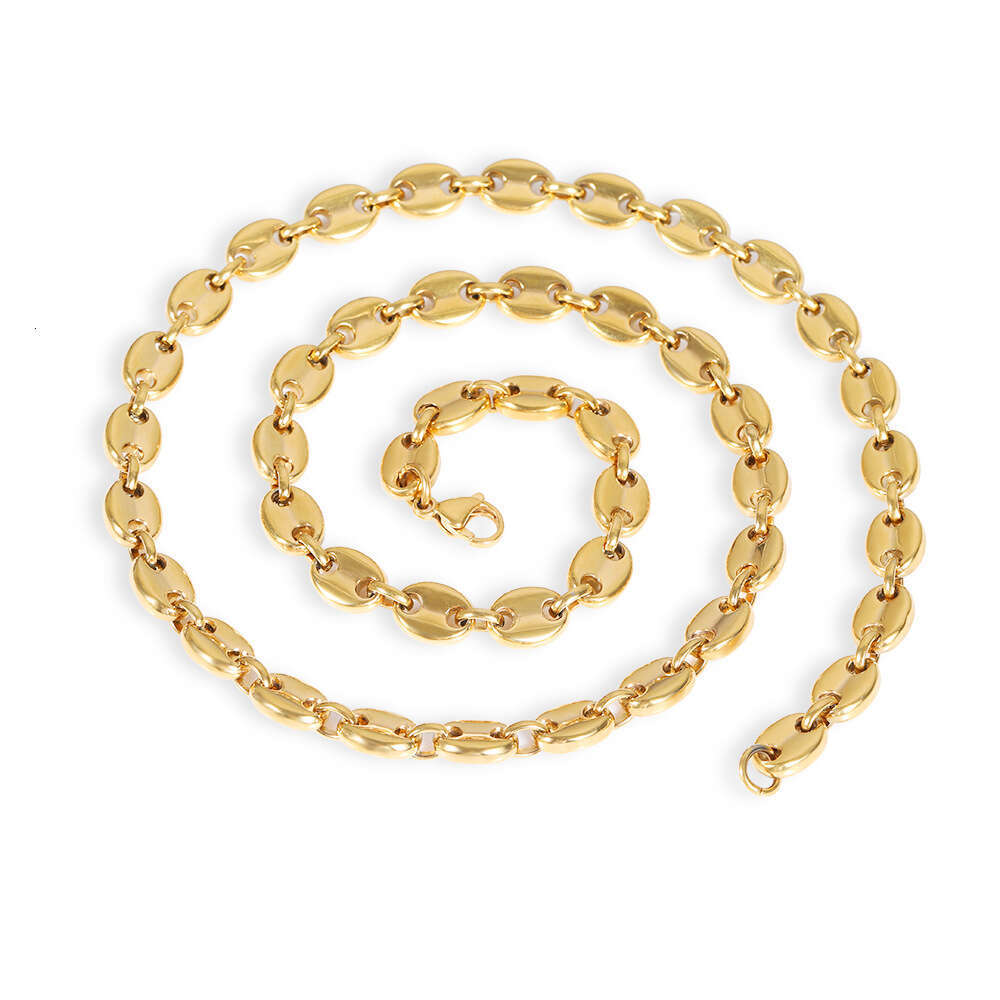 Jewelry Hip Hop style 8mm coffee bean with real gold plating lobster clasp 925 Sterling Silver 18K Gold pig nose button necklace