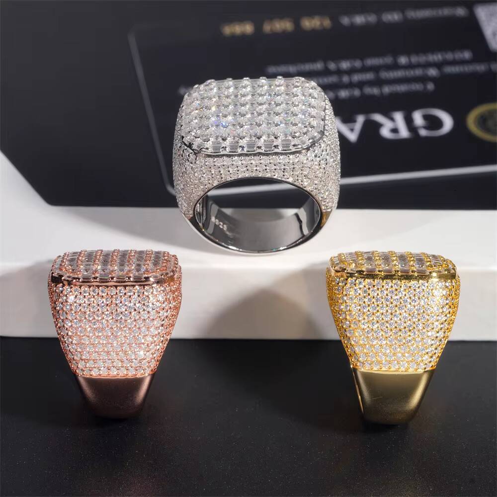 Mens 925 Silver Hip Hop Moissanite Ring High Quality Passes Diamond Test for Wedding Everyday Wear