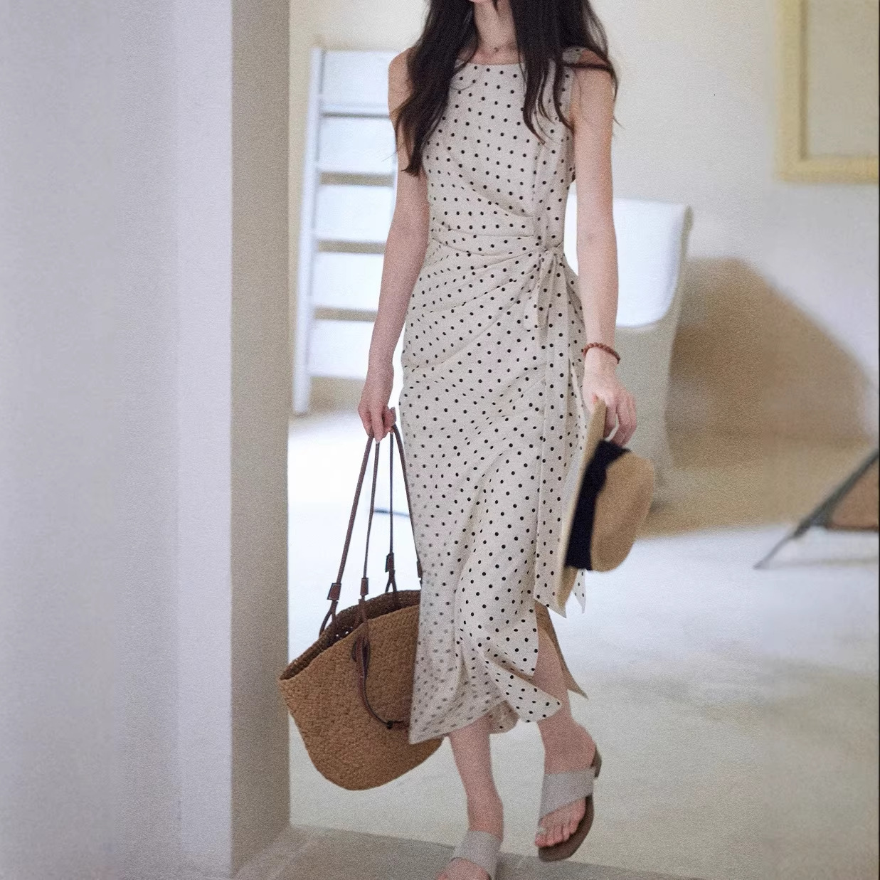 Songjianyue High-end Elegant Polka Dot Dress For Women Side-waisted Designer Dress Linen-cotton Feel French-style Long Dress