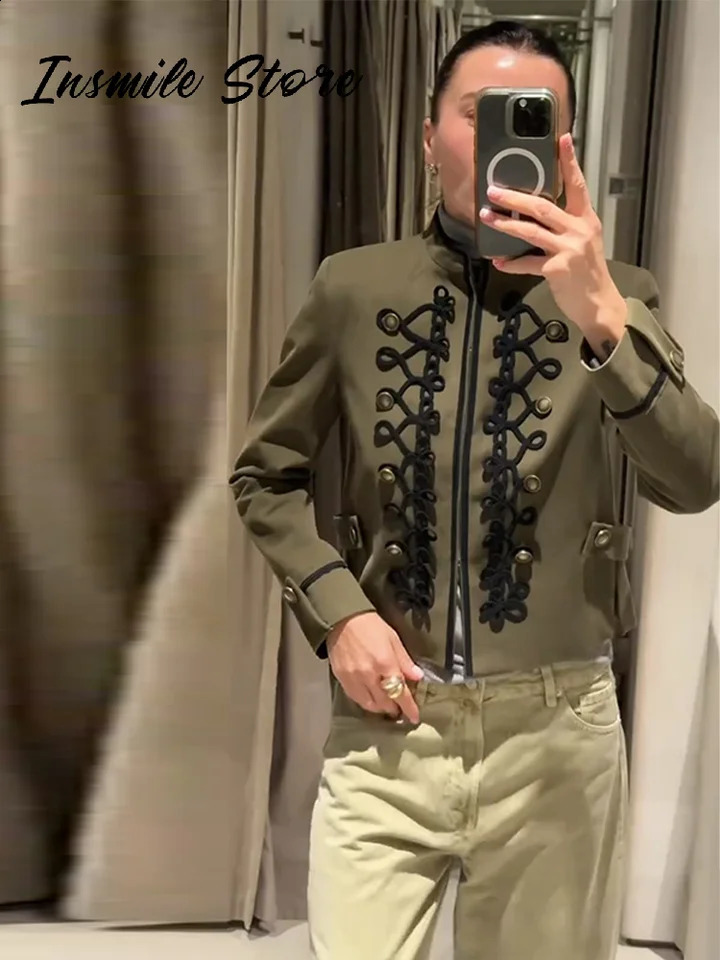 Vintage Napoleon Military Jacket Women Stand Collar Braided Frog Closure Cropped Coat 2026 Spring Fashion Street Outerwear 260321
