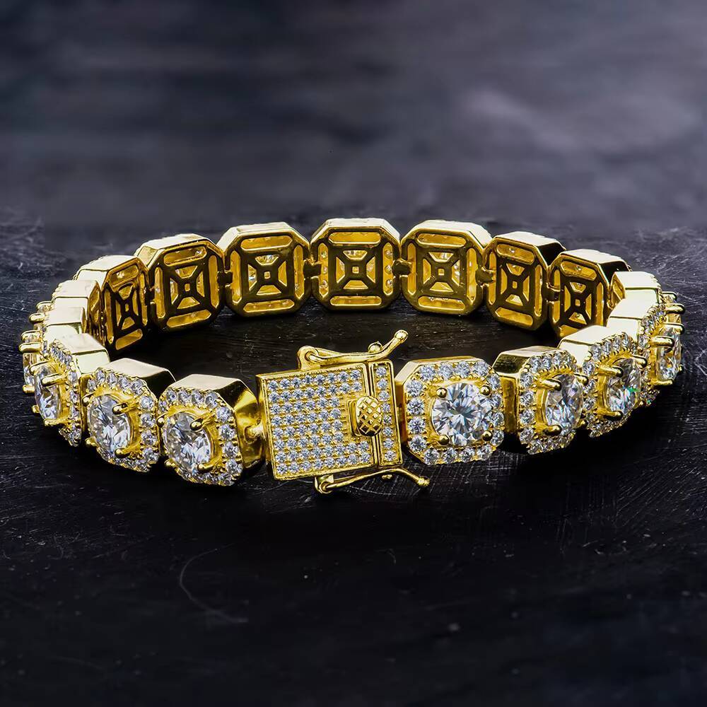 Hip Hop Gold Plated 925 Silver Tennis Chain Bracelet with Moissanite Square Rock Geometric Buckle and Cluster Statement Bangles