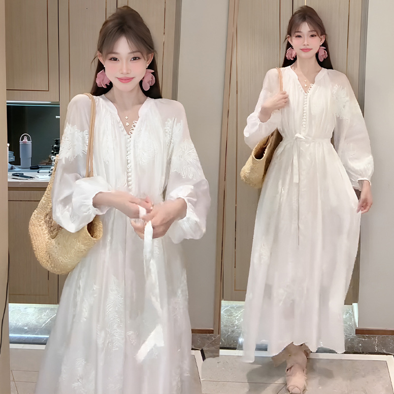 French Style Designer Dress High-end Embroidered Tencel Long Sleeve Dress Spring Autumn Loose Lazy Style Stunning Sheer Long Dress