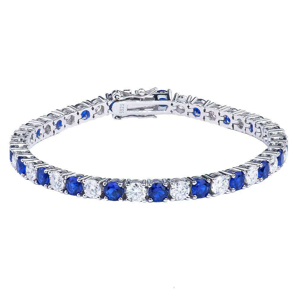 Premium Jewelry Men's 925 Sterling Silver Tennis Chain Bracelet Rhodium Plated Round Nano Sapphire Blue Moissanite