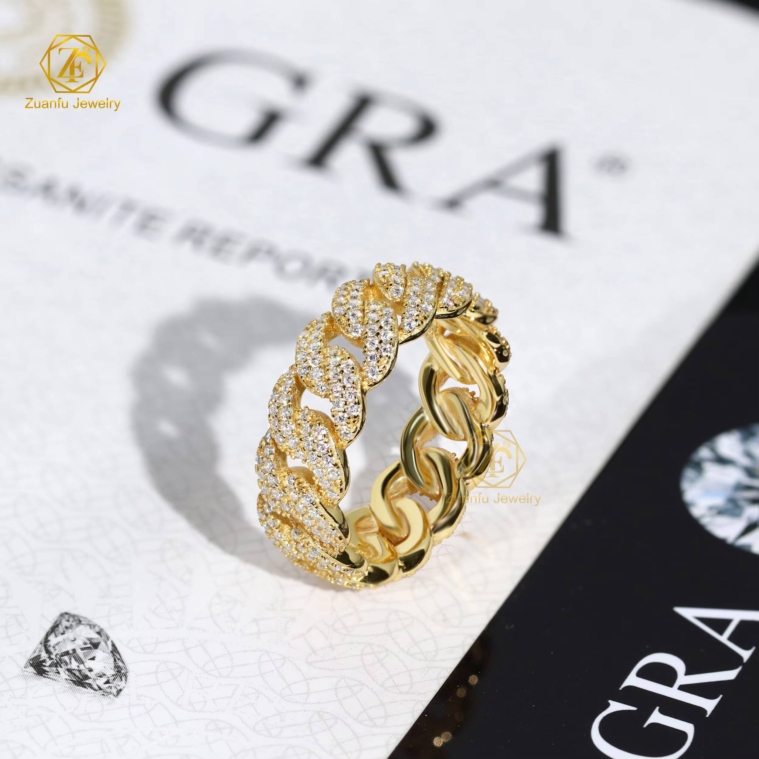 Hot Sale Hiphop Ring Jewelry Two Rows VVS Moissanite Cuban Ring 925 Silver Rapper Men Ring
