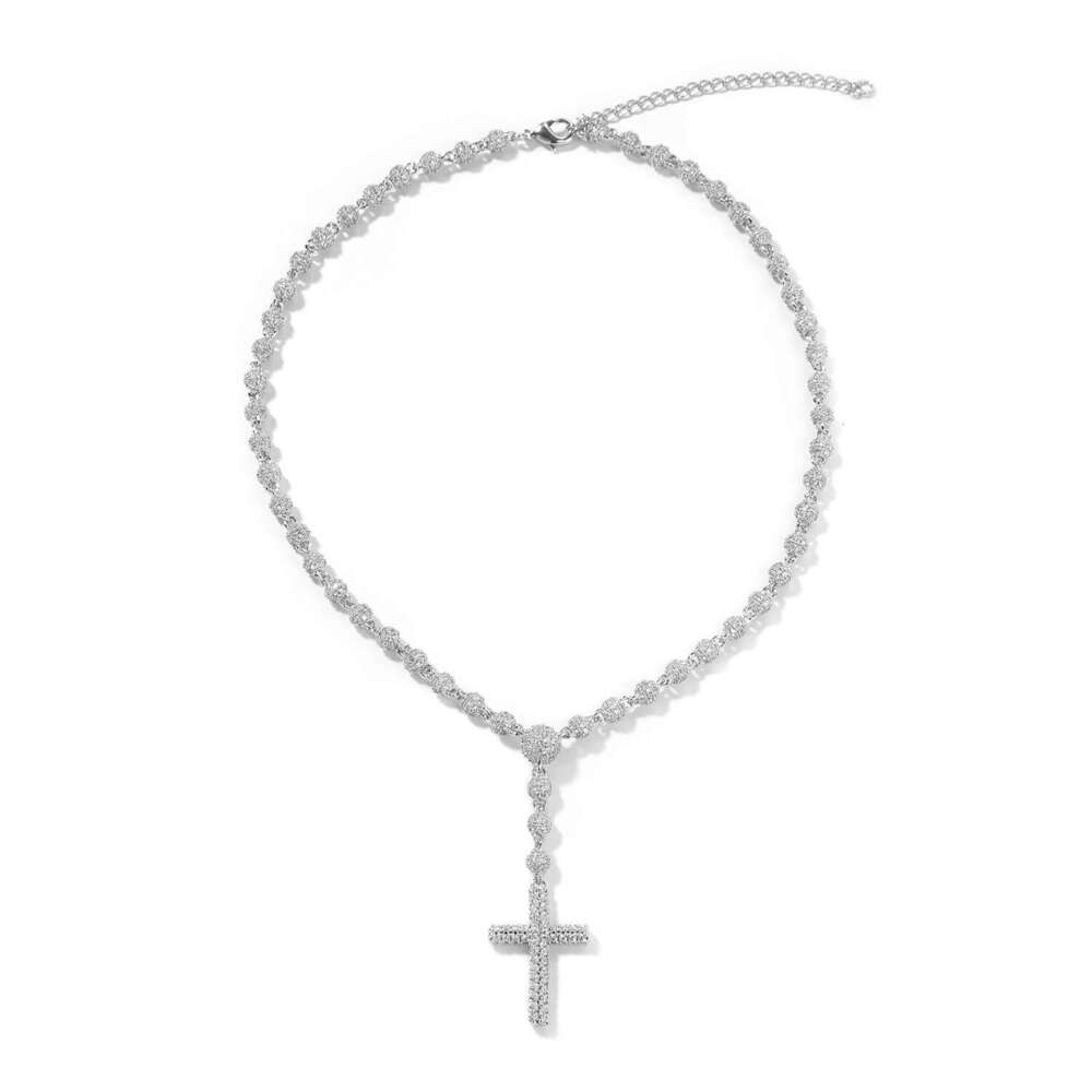 Vintage Moissanite Jewelry New Style 5mm Round Bead Cross Necklace Rosary Collarbone Chain Niche Hip Hop Accessories