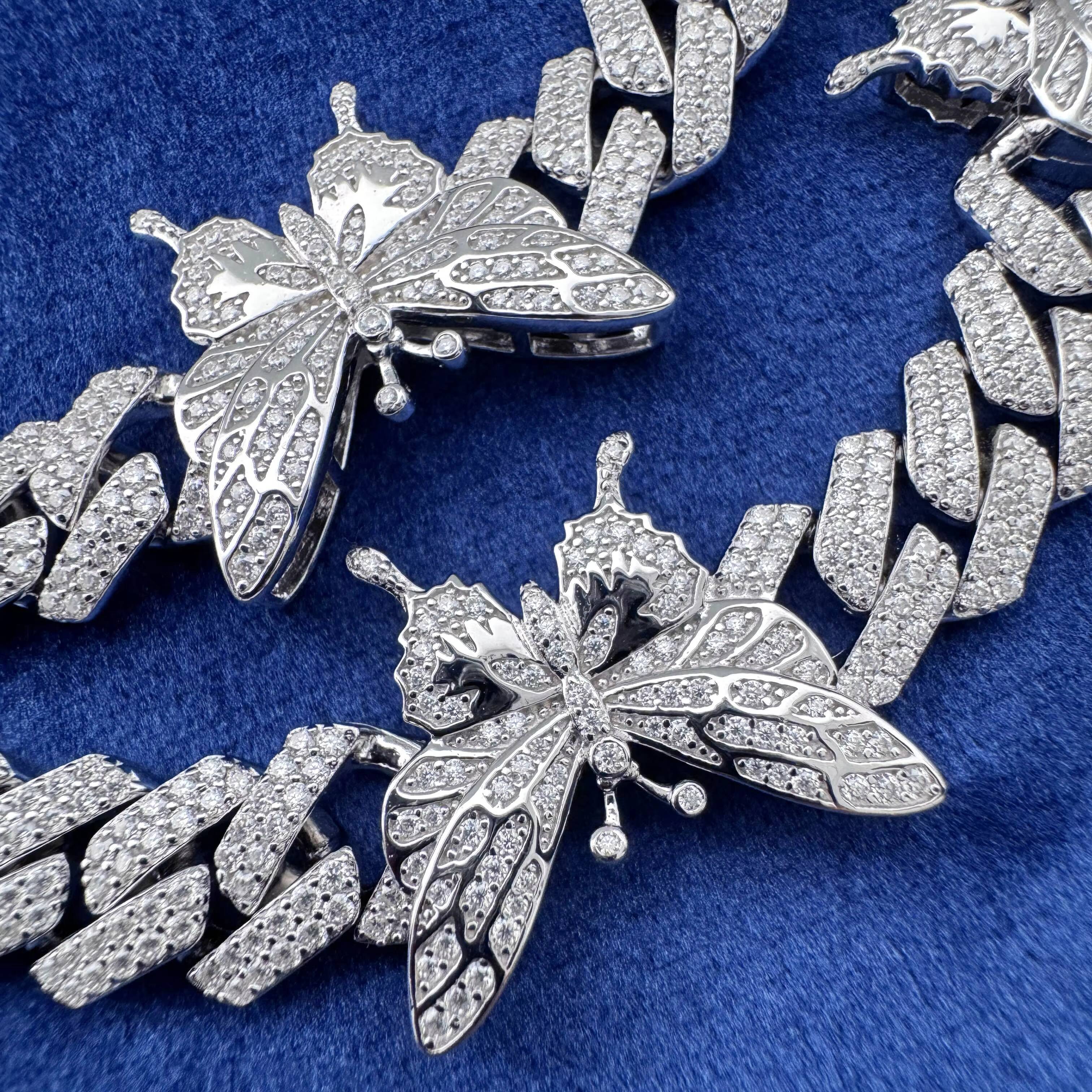 Hiphop Butterfly Cuban Link Necklace 925 Sterling Silver 2Rows 12mm Iced Out Moissanite Cuban Chain