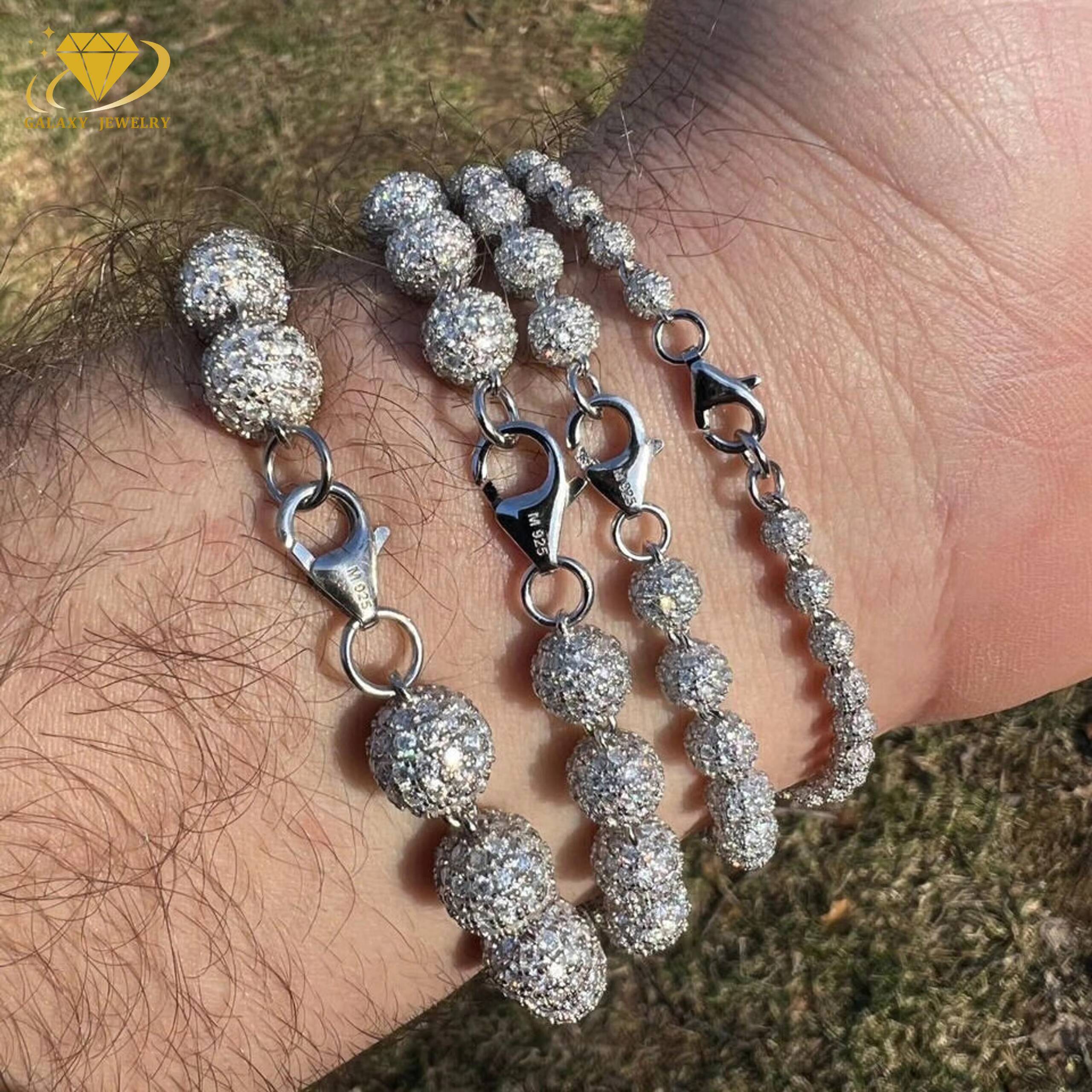 Full Iced Out Round VVS Moissanite Diamond Beads Bracelet Necklace Hip Hop 925 Silver 4mm to 10mm Beaded Cuban Link Chain