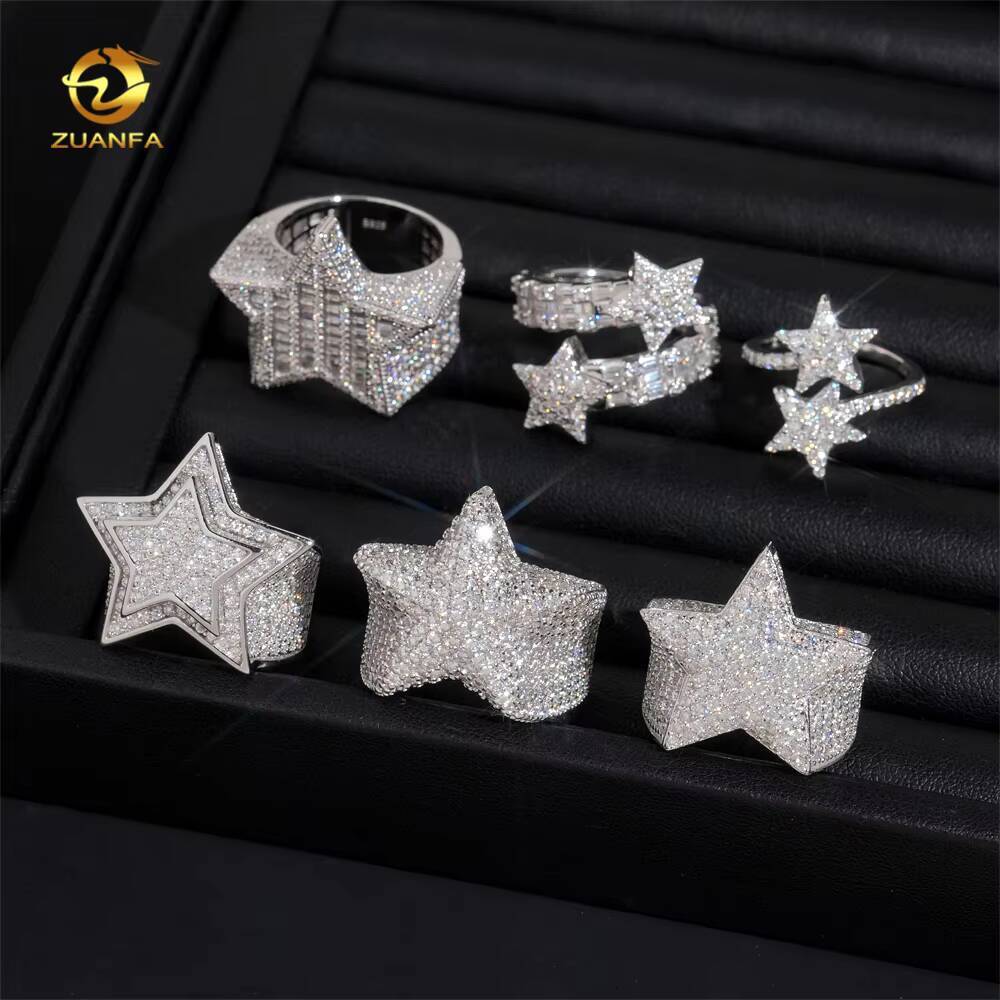 Hot Sale Instock Iced Out Star Moissanite Men Diamond Rings 925 Silver Hip Hop Ring Pass Diamond Tester Fashion Men Cuban Ring