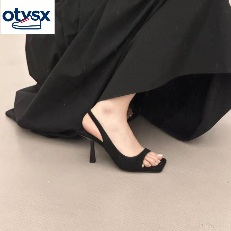 2026 New Women's Square toed Open toed Sandals Summer French Dress Thin Heel Bareback Black High Heels Casual Shoes