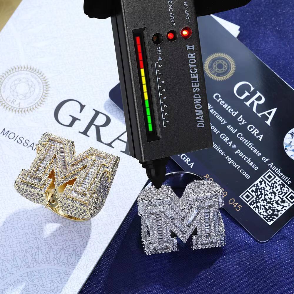 Custom Letter M Vvs Iced Out Baguette Moissanite Hip Hop Ring Pass Diamond Test 925 Silver 18K Gold Plated Fine Jewelry Ring Men
