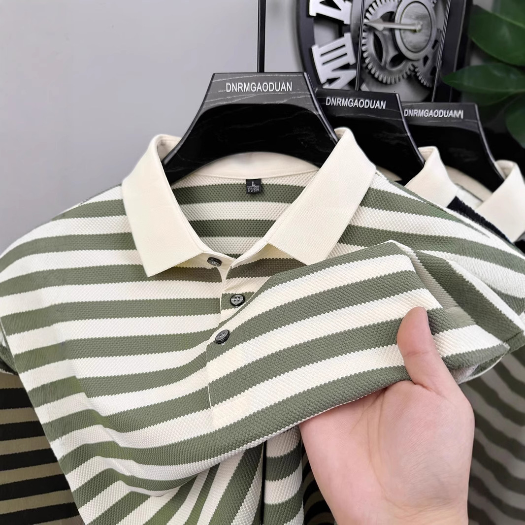 Summer Polo New Men's Striped Short Sleeve Shirt Designer T-shirt High-end Turn-down Collar Loose Plus Size Versatile Designer Hoodie Top Men