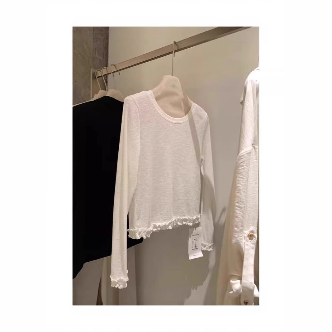 New Spring And Autumn Korean Style Ins Designer T-shirt Commuting White Base Polo Shirt For Petite Women With Designer Hoodie Unique Lace Trim Long Sleeve T-shirt