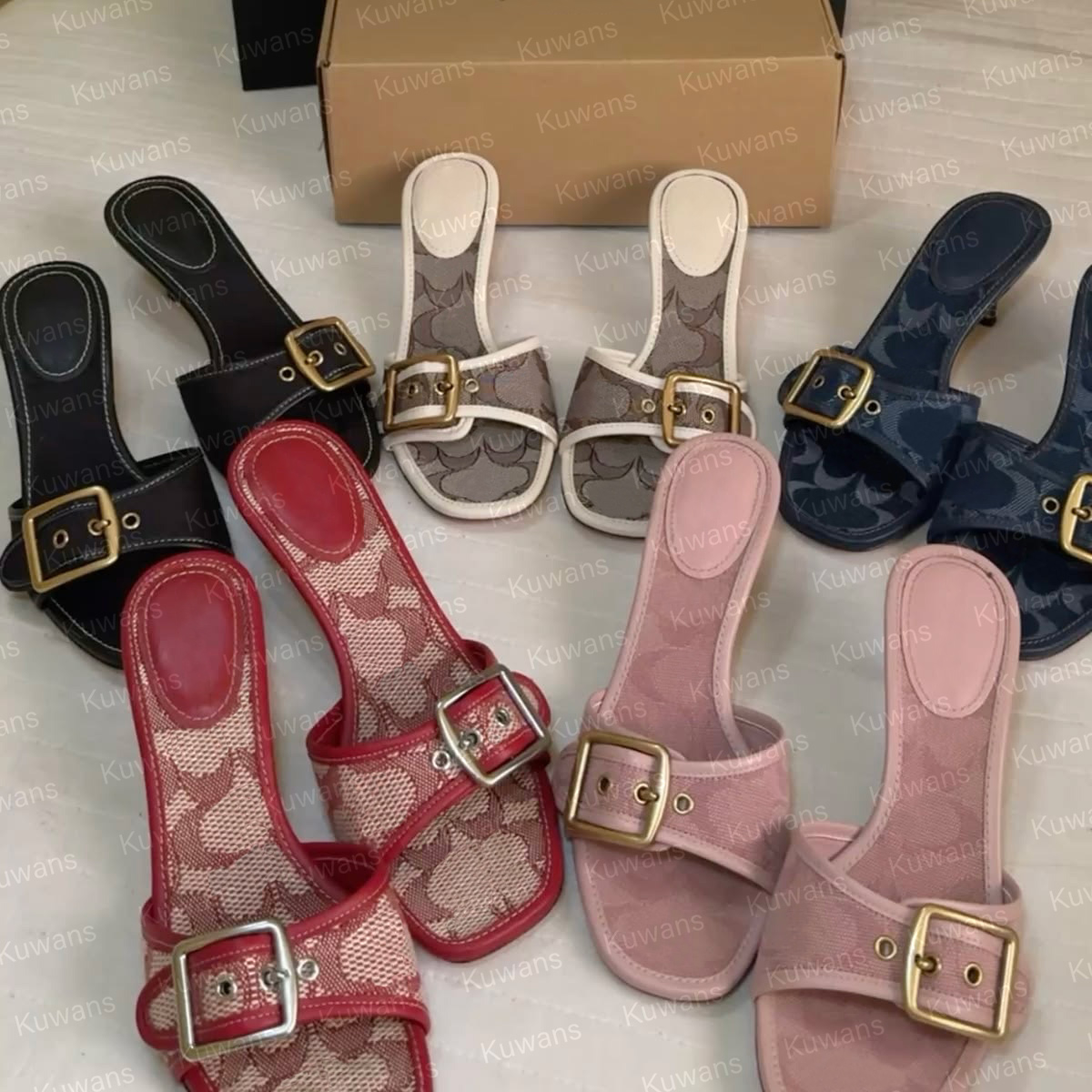 Designer Margot Sandals Women Kitten Heels C Beach Summer Luxury Denim Heel High Leather Slippers Fall Mules Pumps Cute Lady Low Heeled Size 35-42