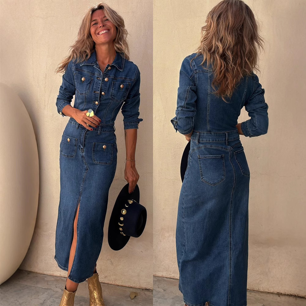 European And American Independent Station Fashion Designer Dress Casual Multi-button Long Sleeve Denim Midi Dress