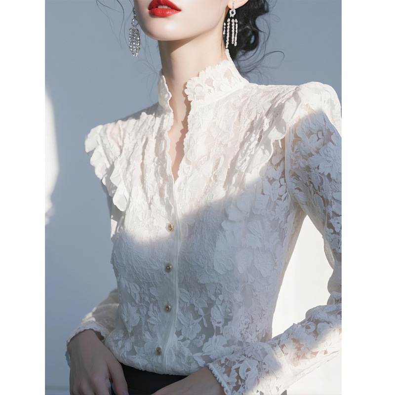 Spring New French Style Elegant Designer Hoodie Top Luxurious And Designer Polo T-shirt High-end Unique And Beautiful Super Stylish White Lace Shirt