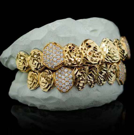 8X8 Top Bottom 14K Solid Gold 925 Sterling Silver Diamond Dust Moissanite Iced Teeth Grillz ROSE CUTS ICED FANGS Fine Cut Body