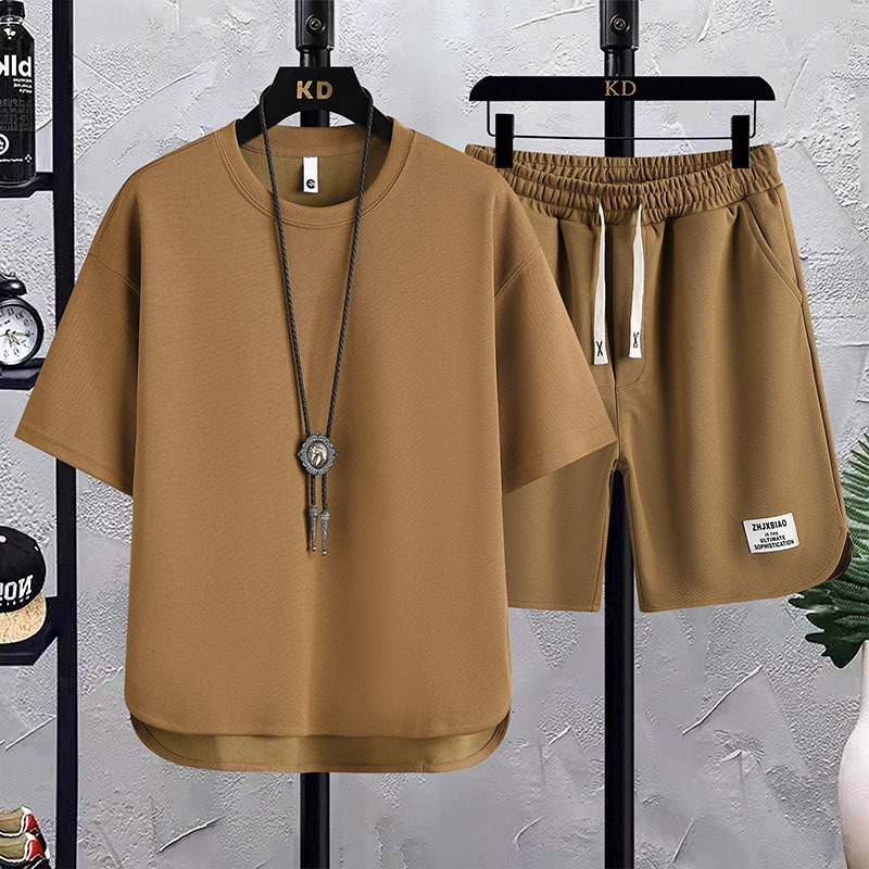 Fashion Set Men Designer T-shirt Waffle Short Sleeve Polo T-shirt Trendy Brand Summer Designer Hoodie New Loose Korean Style Trendy Sports Casual Two-piece Set