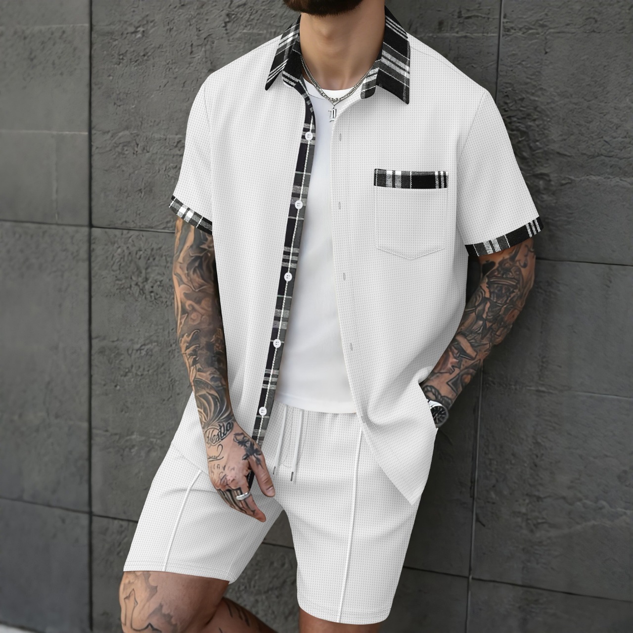 2026 Cross Men's European And American Summer Solid Color Short Sleeve Shirt With Contrasting Color Fashion Polo Buttons Shirt Designer Hoodie Set Designer T-shirt