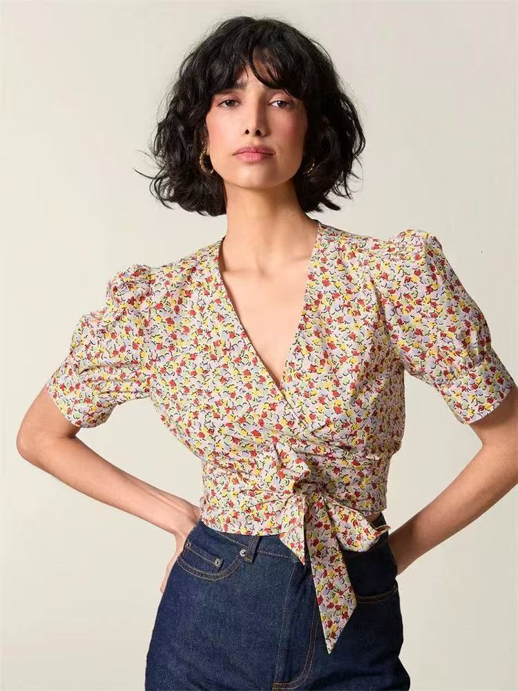 French-style New Designer Hoodie Summer Fashion Polo Pure Cotton Printed V-neck Puff Designer T-shirt Sleeve Wrap-around Tie Shirt Short Top