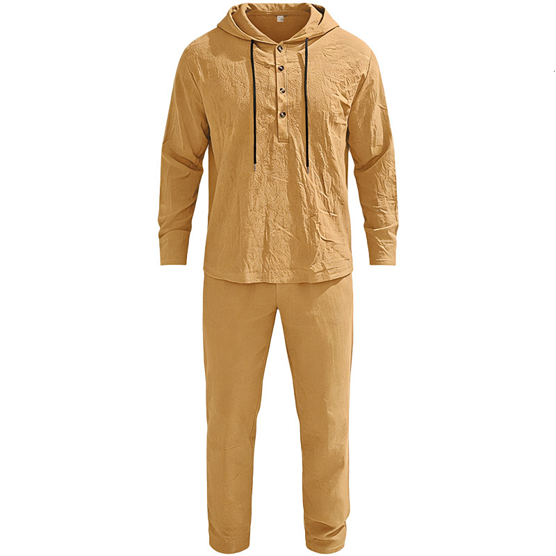 European Polo And American Designer Hoodie Men's Designer T-shirt New Linen Solid Color Hooded Drawstring Long-sleeve Long-pants Versatile Men's Suit