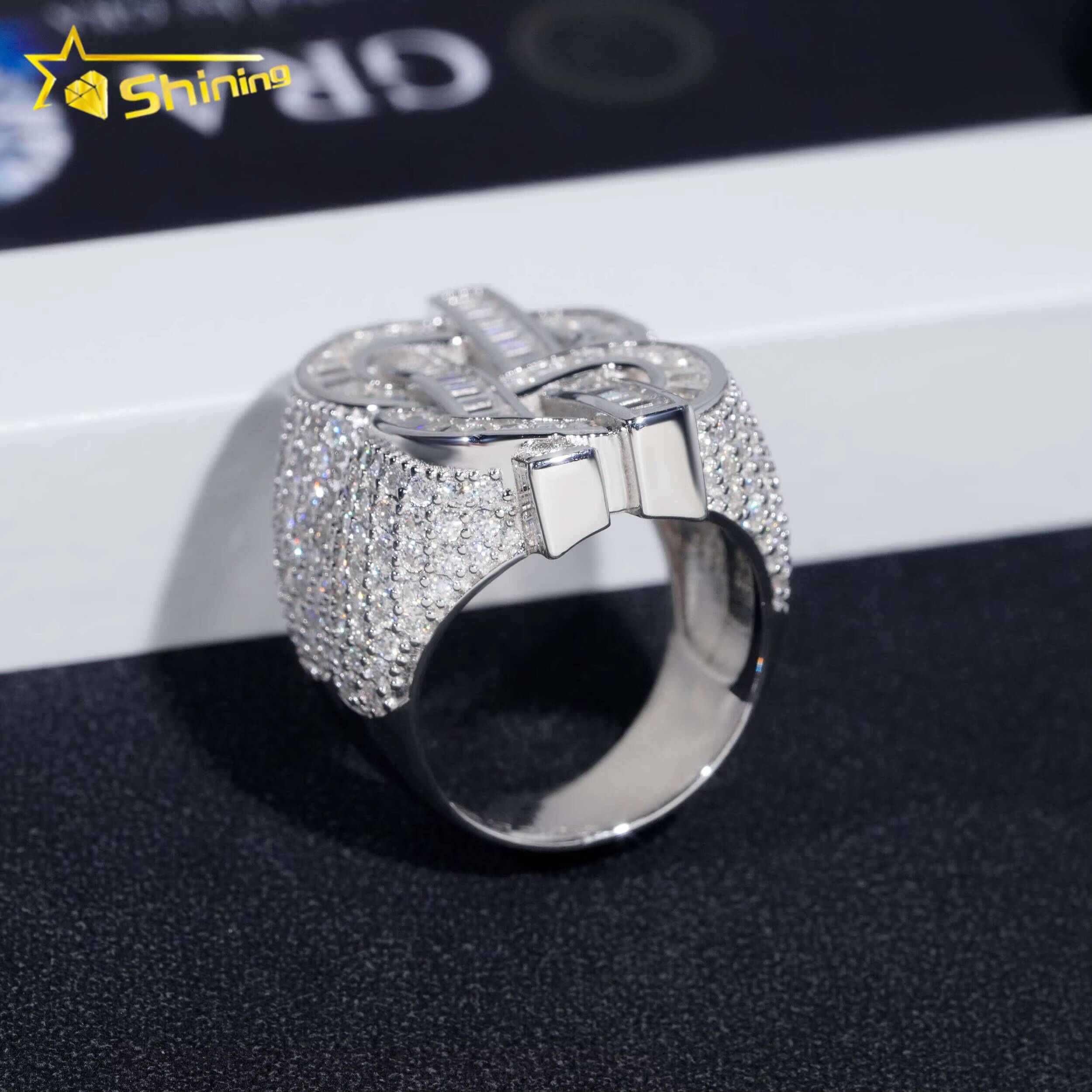 High Quality Luxury Baguette Dollar Sign 925 Silver Hip Hop Men Custom Moissanite Diamond Ring