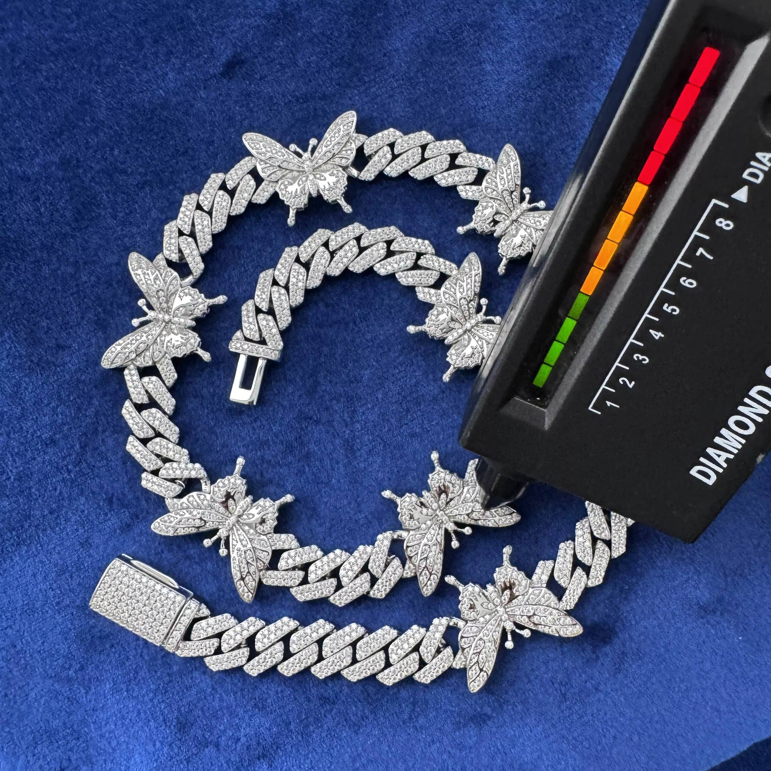 Hiphop Butterfly Cuban Link Necklace 925 Sterling Silver 2Rows 12mm Iced Out Moissanite Cuban Chain