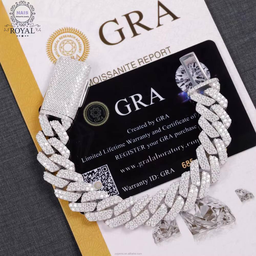 Mossanite Fine Jewelry 2-Row Cuban Bracelet 8-15mm S925 Silver VVS Lab Diamond Great Gift Idea for Parties White Gold