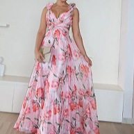 European And Designer Dress American Trade New Fashion Printed Back Tie Dress Waist-exposing Lace Slim Fit Elegant Long Dress