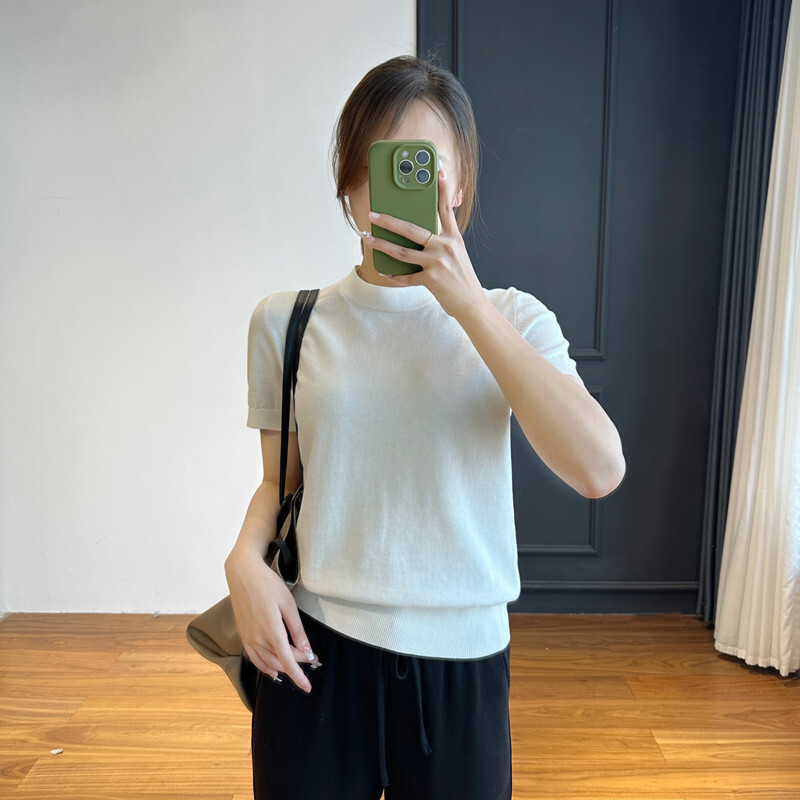 Nordic High-end Niche Designer T-shirt Designer Hoodie European-style Tops Versatile Polo And Slimming Round-neck Knitted Short-sleeve T-shirt For Women Spring