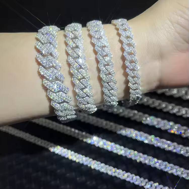 Mossanite Fine Jewelry 2-Row Cuban Bracelet 8-15mm S925 Silver VVS Lab Diamond Great Gift Idea for Parties White Gold