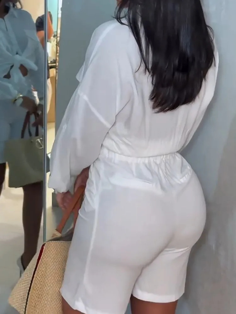 Womens Two Piece Sets Suit Temperament Elegant Solid White Loose Long Sleeves Exposed Waist Shirt High Waist Shorts Women Suit 260318