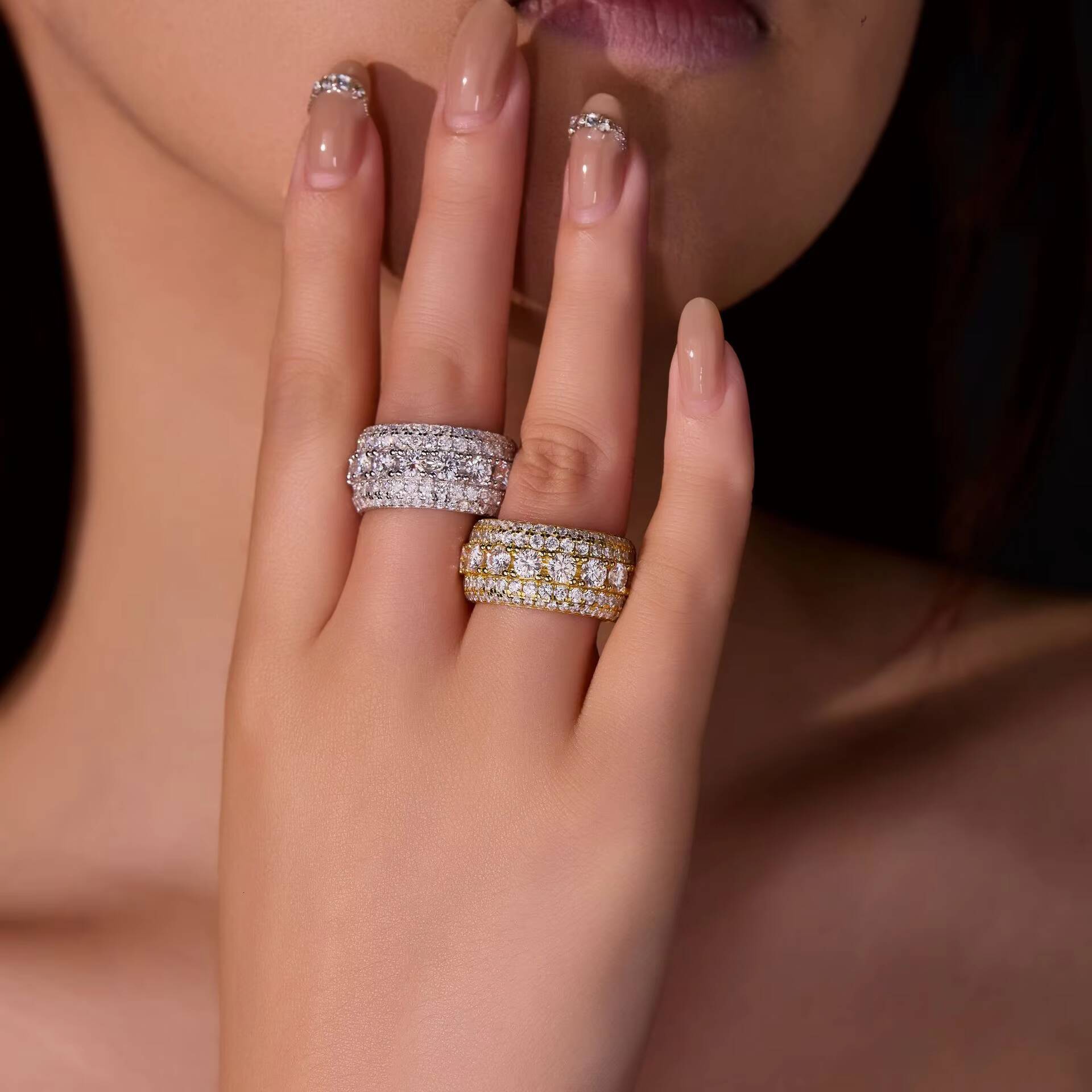 S925 Silver 5-row Moissanite Ring Hip-hop Singer Jewelry Exquisite Hip-hop Jewelry VVS Grade Hip-hop Ring