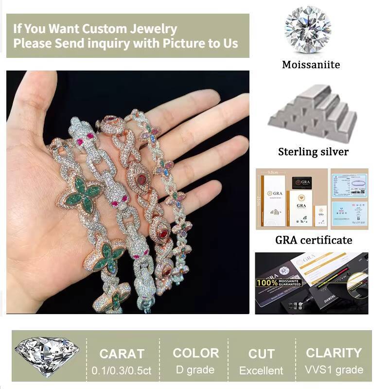 Colorful Marquise Eye Moissanite Four Leaf Clover 925 Silver Cuban Chain Bracelet for Men Women Charm Jewelry Bangles