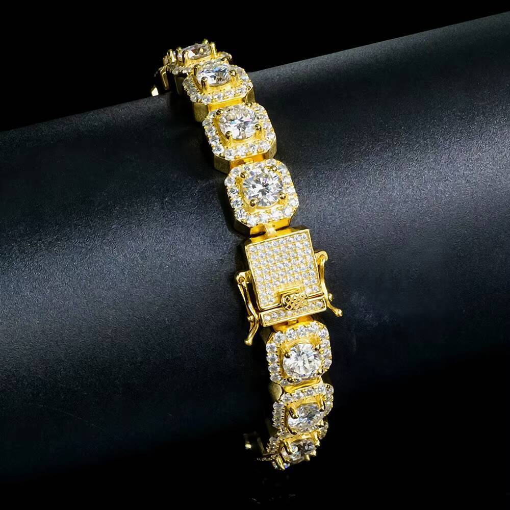 Hip Hop Gold Plated 925 Silver Tennis Chain Bracelet with Moissanite Square Rock Geometric Buckle and Cluster Statement Bangles