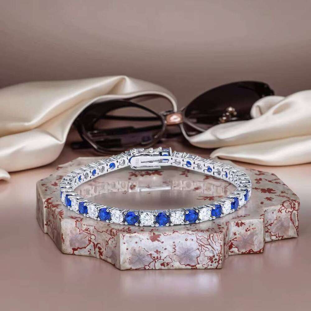 Premium Jewelry Men's 925 Sterling Silver Tennis Chain Bracelet Rhodium Plated Round Nano Sapphire Blue Moissanite